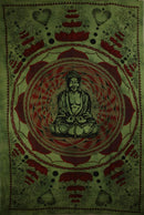Green Buddha In Dharma Chakra Mudra On A Lotus Flower Tapestry